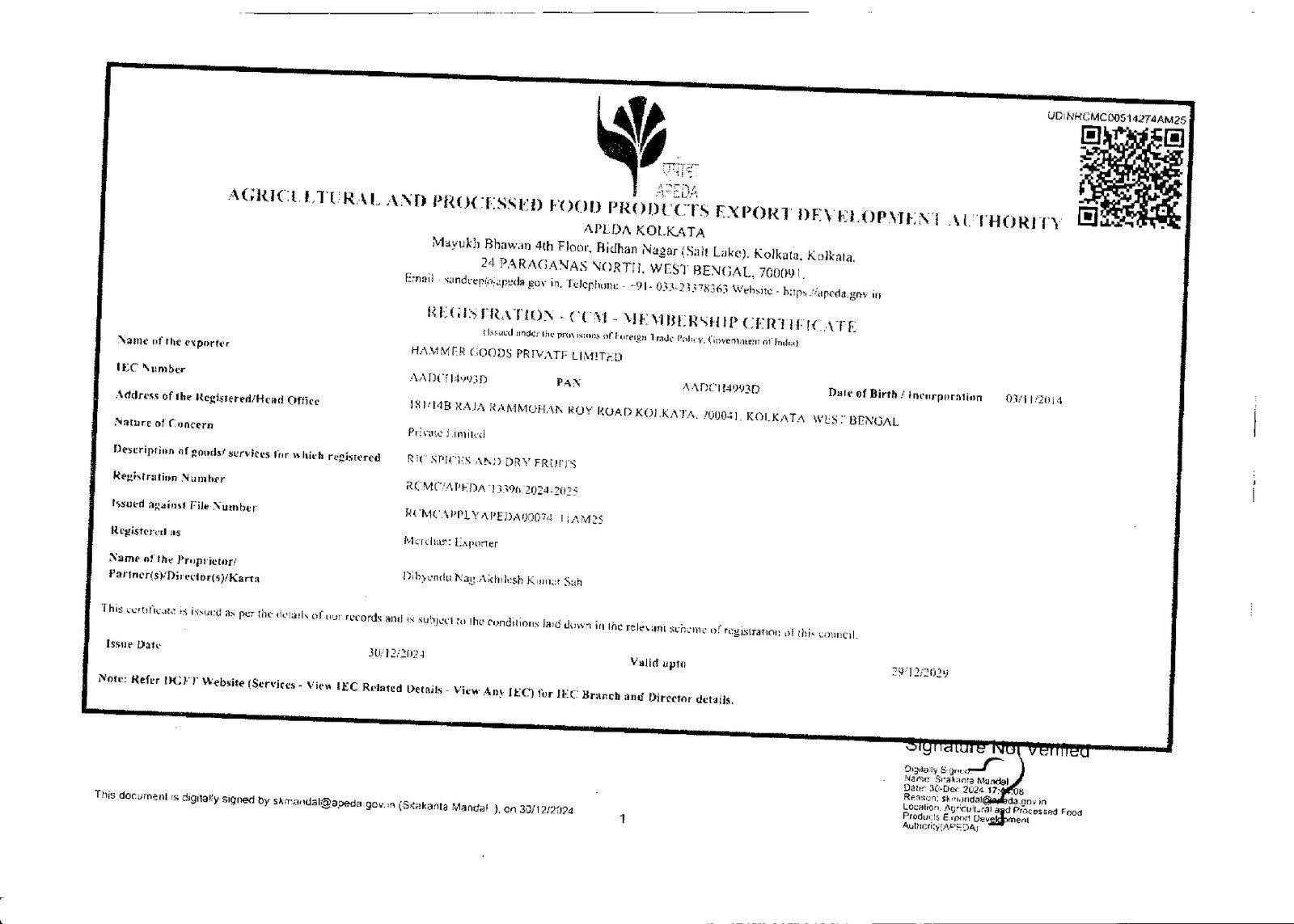 APEDA Certification - Hammer Goods Pvt. Ltd.