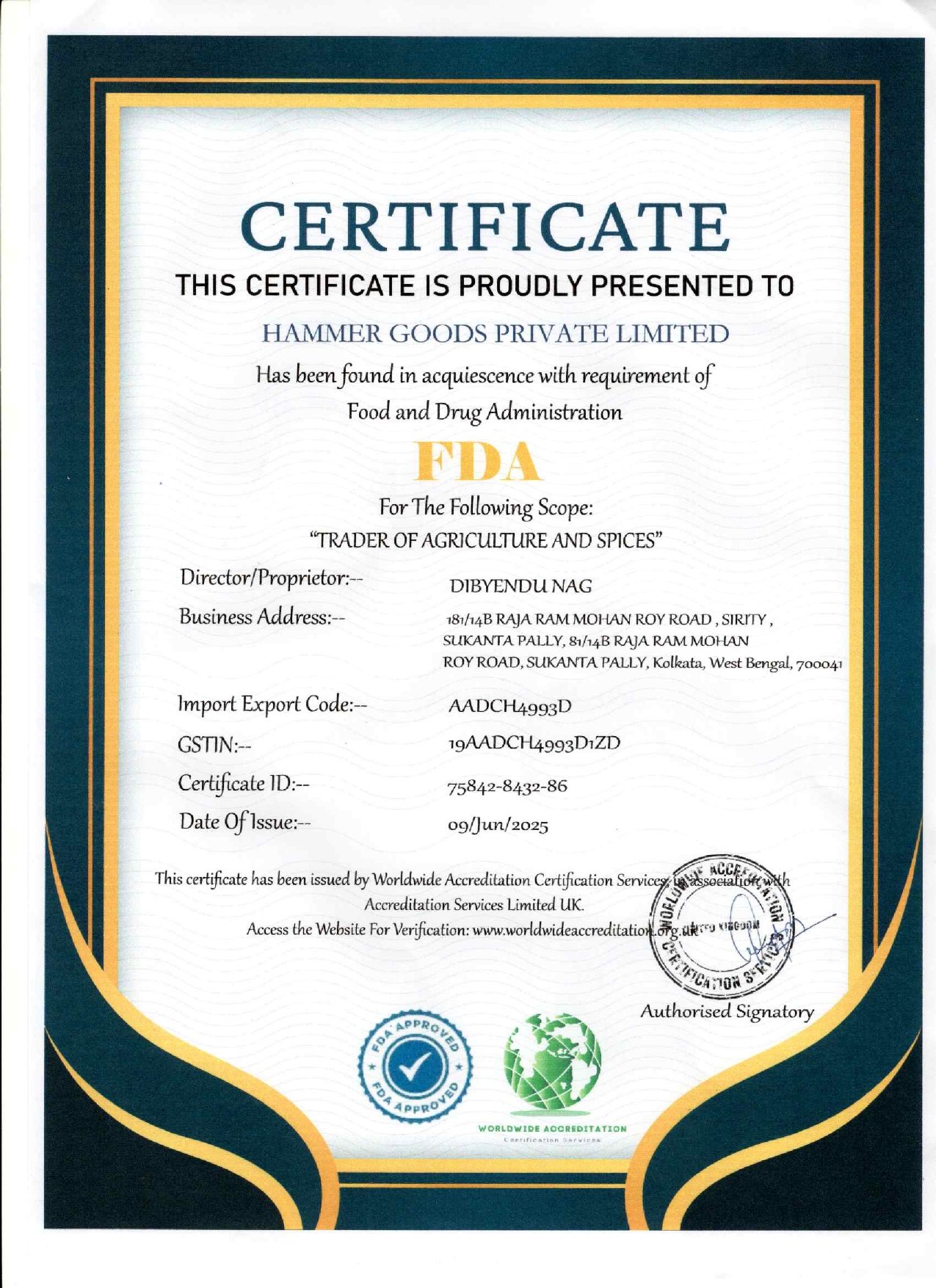 FDA Certification - Hammer Goods Pvt. Ltd.