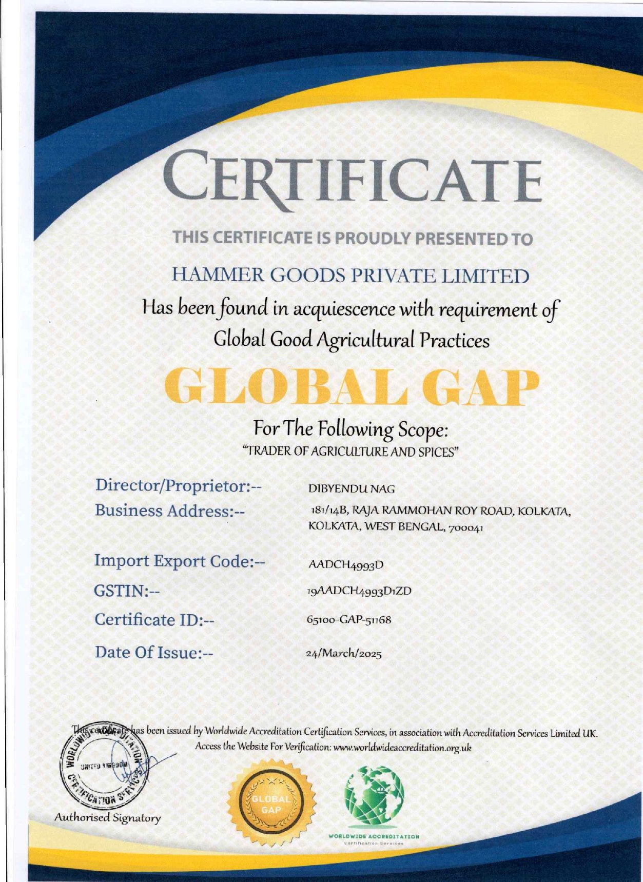 GAP Certification - Hammer Goods Pvt. Ltd.
