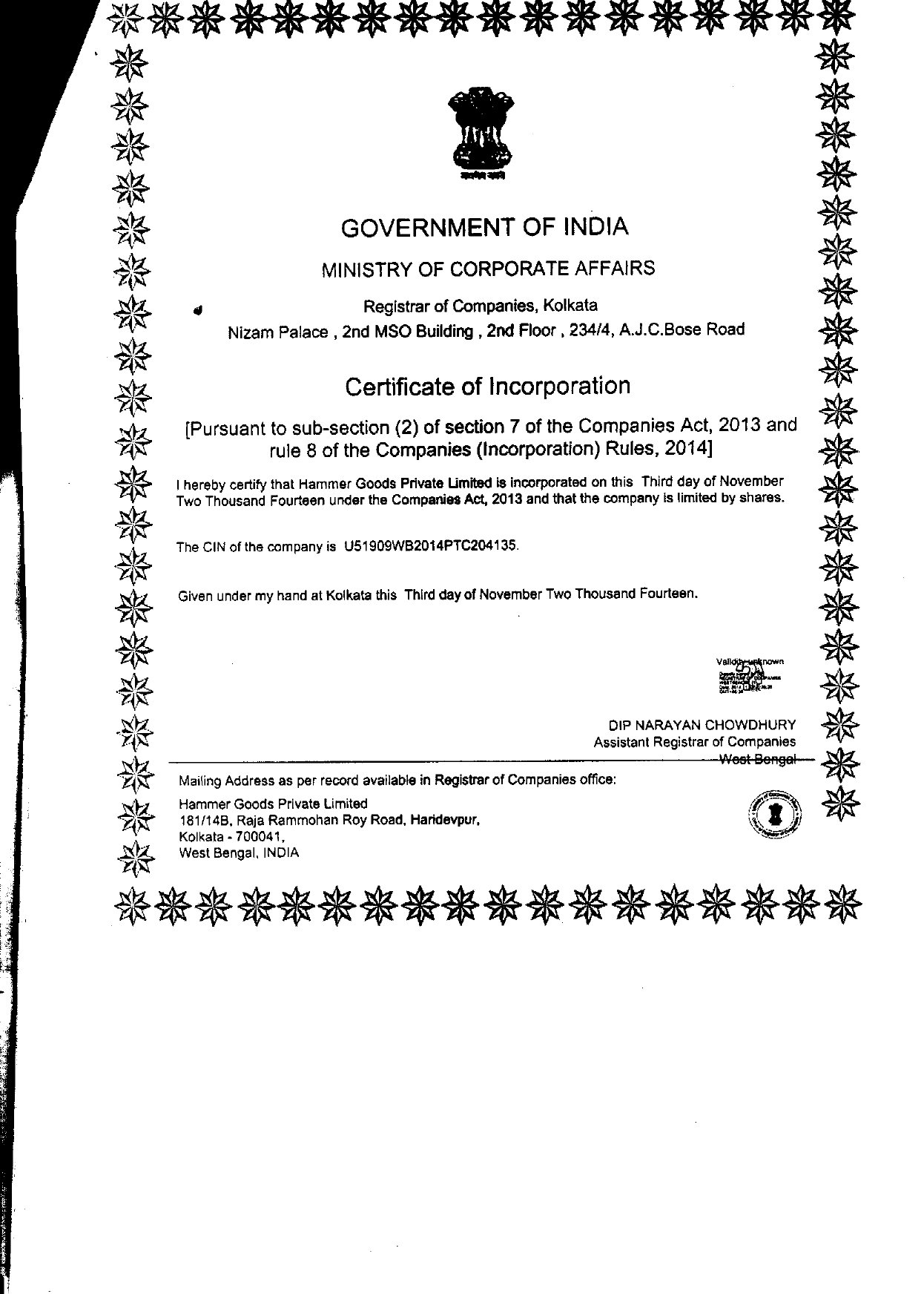 Incorportion Certification - Hammer Goods Pvt. Ltd.