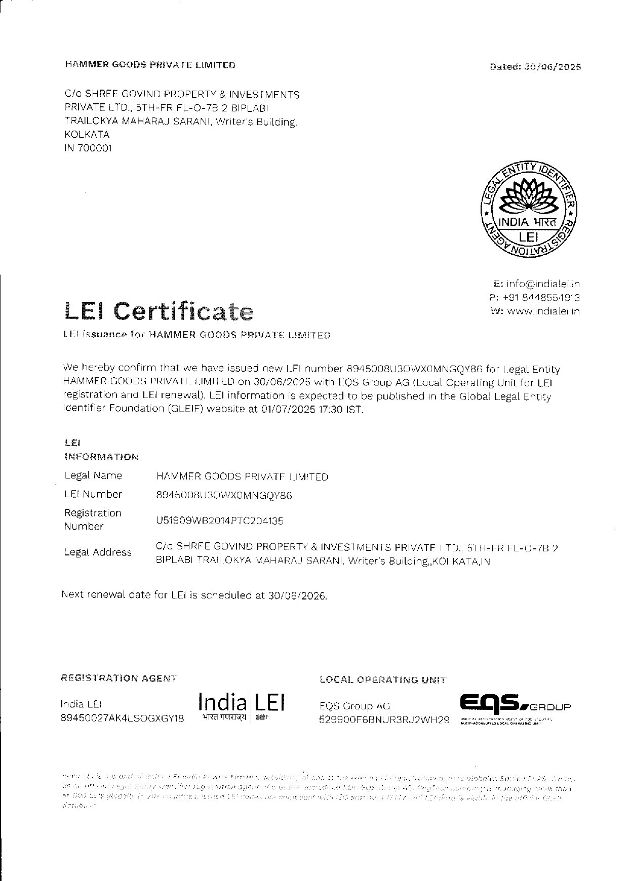 LEI Certification - Hammer Goods Pvt. Ltd.