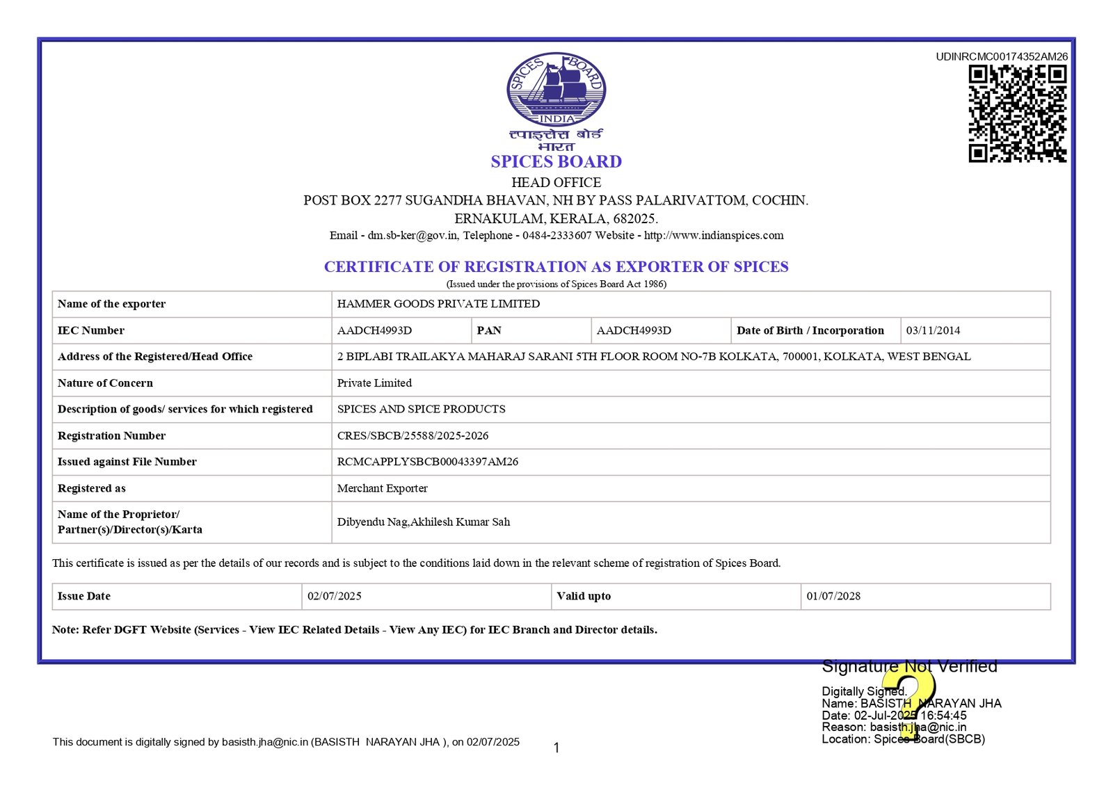 Spice Certification - Hammer Goods Pvt. Ltd.